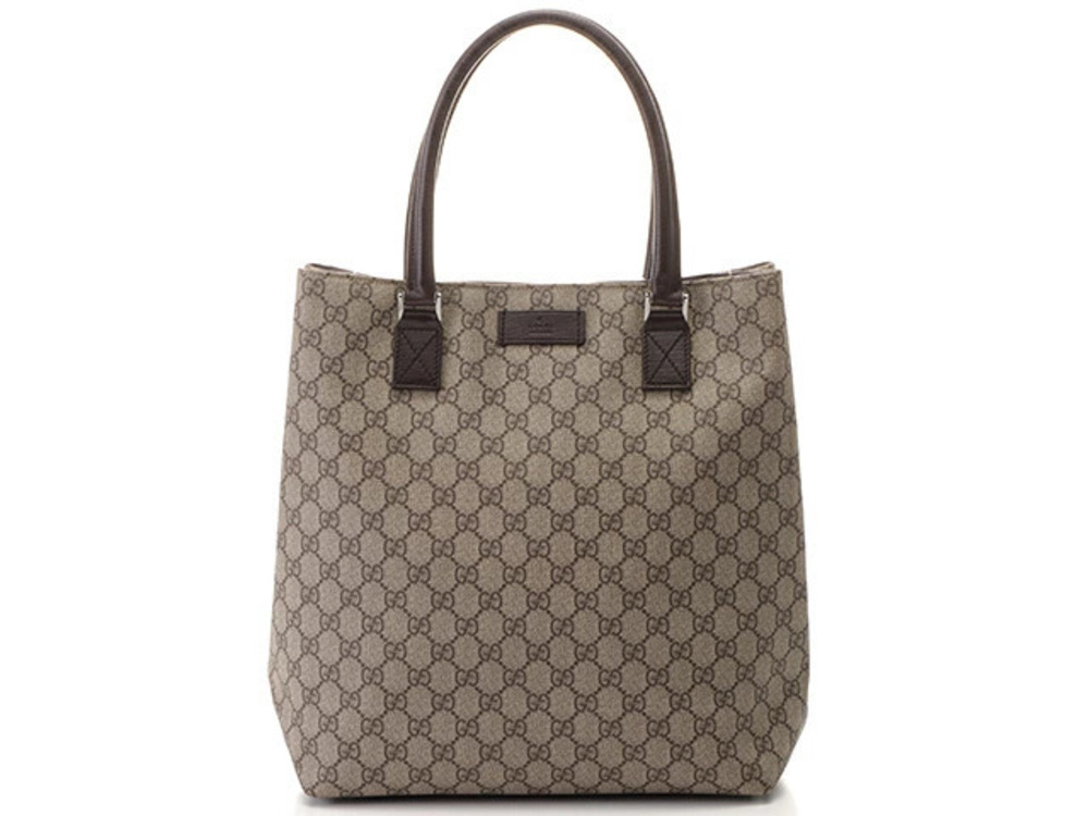Gucci GG Plus Tote Bag Beige Cream Dark Brown Leather